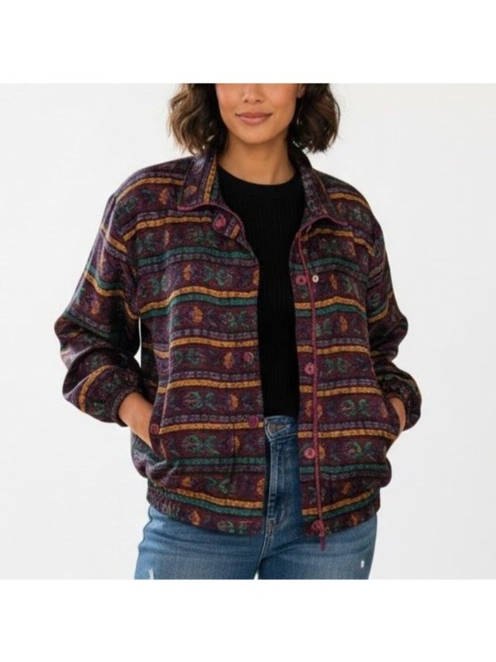 Vintage 80s 90s XL Geometric Aztec Southwestern Print Silk Bomber Jacket